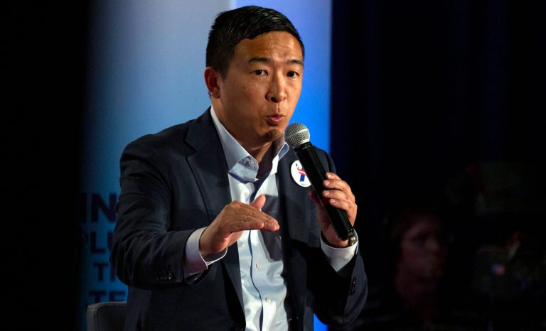 Democratic presidential candidate Andrew Yang speaks at the AARP Presidential Candidates Forum at the Sioux City Convention Center in Sioux City, Iowa, on Friday, July 19, 2019.