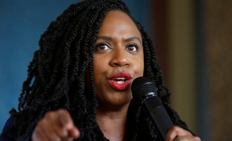 U.S. Rep. Ayanna Pressley, D-Mass., addresses a crowd during ceremonies before the start of the Roxbury Unity Parade, Sunday, July 21, 2019, in Boston's Roxbury neighborhood. 