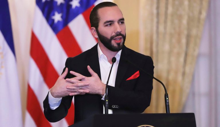 El Salvadoran President Nayib Bukele speaks during a meeting with U.S. Secretary of State Mike Pompeo at the Presidential House in San Salvador, El Salvador, Sunday, July 21, 2019. Pompeo ends his Latin American tour in this Central American country.