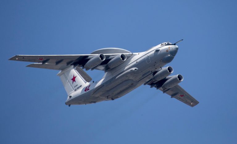 In this photo taken on Tuesday, May 7, 2019, A Russian Beriev A-50 airborne early warning and control training aircraft flies over Red Square during a rehearsal for the Victory Day military parade in Moscow, Russia.
