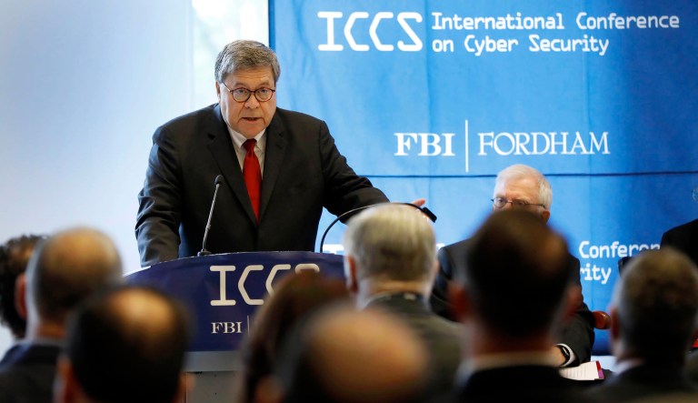 U.S. Attorney General William Barr addresses the International Conference on Cyber Security, hosted by the FBI and Fordham University, at Fordham University in New York.