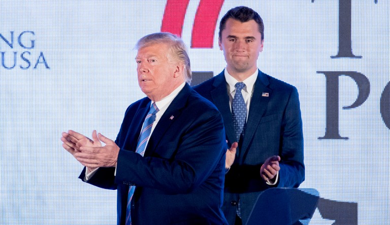President Trump is joined on stage with Turning Point USA Founder Charlie Kirk as he finishes speaking at Turning Point USA Teen Student Action Summit at the Marriott Marquis in Washington on July 23.