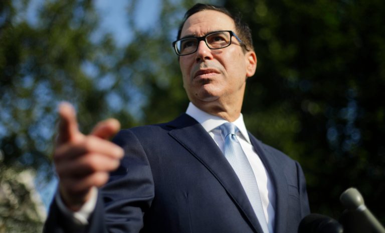 Treasury Secretary Steve Mnuchin speaks to members of the media at the White House in Washington, Wednesday, July 24, 2019. 