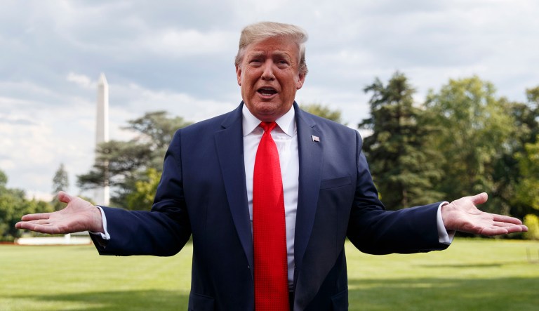 President Trump speaks to members of the media at the White House in Washington.