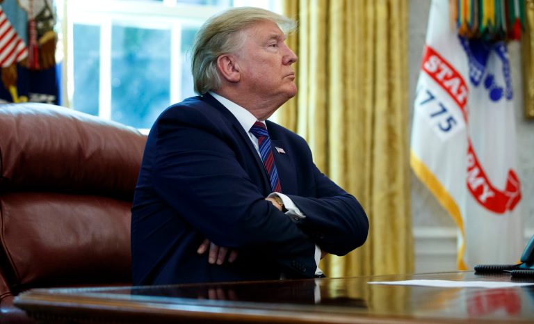 President Donald Trump pauses as he speaks in the Oval Office of the White House in Washington, Friday, July 26, 2019. 