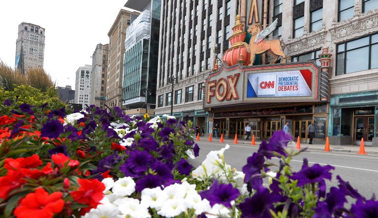 The Fox Theatre displays signs for the Democratic presidential debates in Detroit. The second scheduled debate will be hosted by CNN on July 30 and 31. 