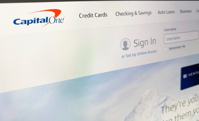 Capital One's website is seen alerting customers to "click here, for information on Capital One's cyber incident" on Tuesday, July 30, 2019, in Pembroke Pines, Fla. 