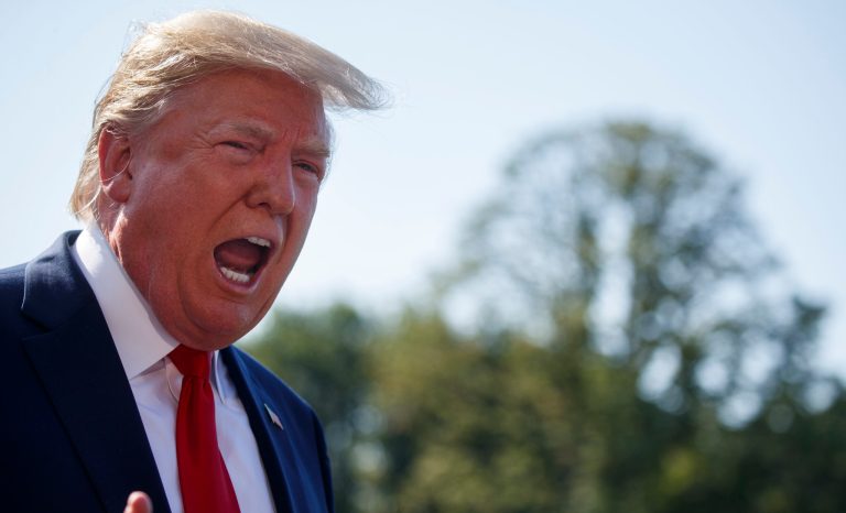 President Donald Trump talks with reporters before departing for an event to celebrate the 400th anniversary celebration of the first representative assembly at Jamestown, on the South Lawn of the White House, Tuesday, July 30, 2019, in Washington. 