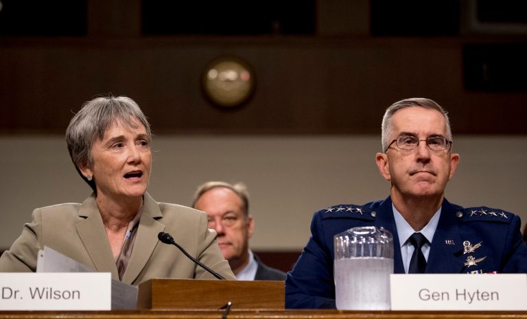 Former Secretary of the Air Force Heather Wilson, left, accompanied by Gen. John Hyten, right, speaks before the Senate Armed Services Committee hearing on Capitol Hill in Washington, Tuesday, July 30, 2019, for Hyten's confirmation hearing to be Vice Chairman of the Joint Chiefs of Staff. 