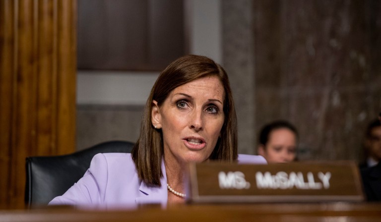 Sen. Martha McSally, R-Ariz., speaks during a Senate Armed Services Committee hearing on Capitol Hill in Washington, Tuesday, July 30, 2019, for the confirmation hearing of Gen. John Hyten to be Vice Chairman of the Joint Chiefs of Staff. 
