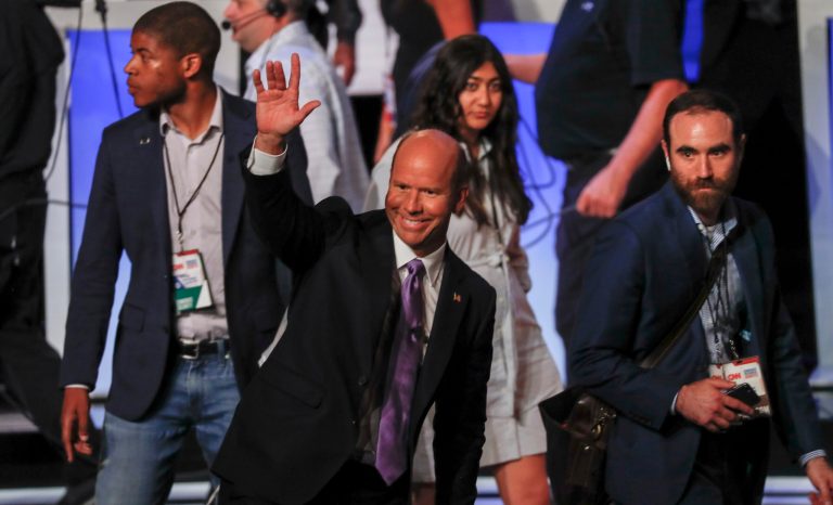 Former Maryland Rep. John Delaney waves after the first of two Democratic presidential primary debates hosted by CNN Tuesday, July 30, 2019, in the Fox Theatre in Detroit. 