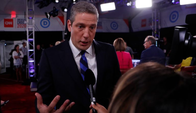 Rep. Tim Ryan, D-Ohio, talks to reporters after the first of two Democratic presidential primary debates hosted by CNN Tuesday, July 30, 2019, in the Fox Theatre in Detroit. 