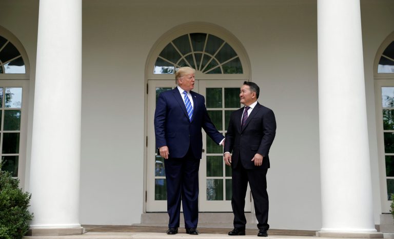 President Donald Trump stands with Mongolian President Khaltmaa Battulga on the Colonnade near the Oval Office of the White House, Wednesday, July 31, 2019, in Washington. 