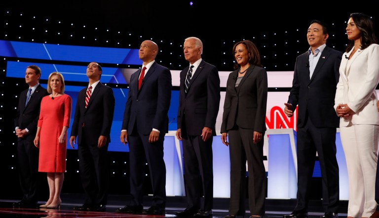 Candidates are seen at a Democratic debate.