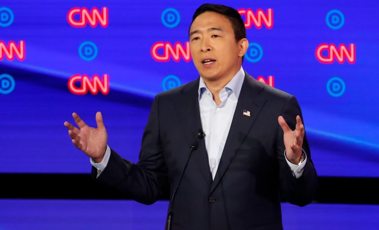 Andrew Yang participates in the second of two Democratic presidential primary debates hosted by CNN Wednesday, July 31, 2019, in the Fox Theatre in Detroit. 