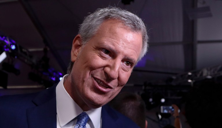 New York City Mayor Bill de Blasio answers questions after the second of two Democratic presidential primary debates hosted by CNN Thursday, Aug. 1, 2019, in the Fox Theatre in Detroit. 