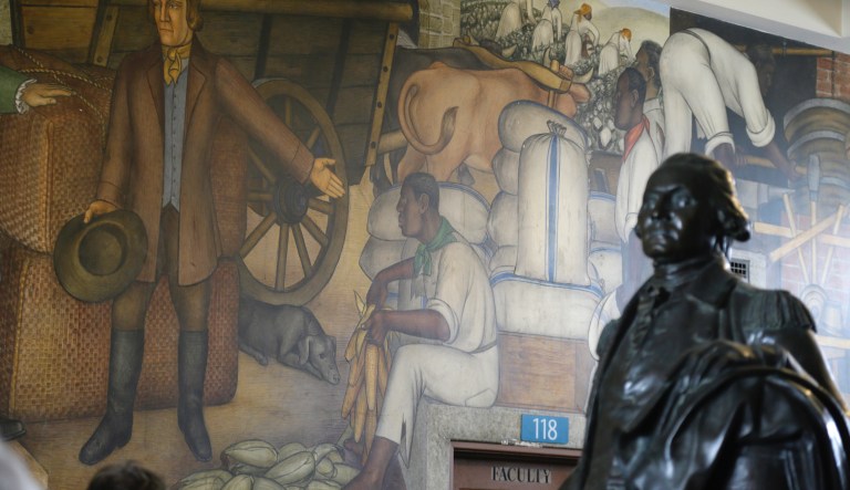 The controversial 13-panel, 1,600-square foot mural, the "Life of Washington" by Victor Arnautoff, is seen at George Washington High School during an open house for the public Thursday, Aug. 1, 2019, in San Francisco. More than a 100 people packed the public high school to view a controversial mural criticized as racist and degrading for its depiction of black and Native American people. School officials opened the school Thursday to allow the viewing of the "Life of Washington" mural. The 83-year-old fresco is slated to be destroyed after the San Francisco School Board voted last month to paint over it.