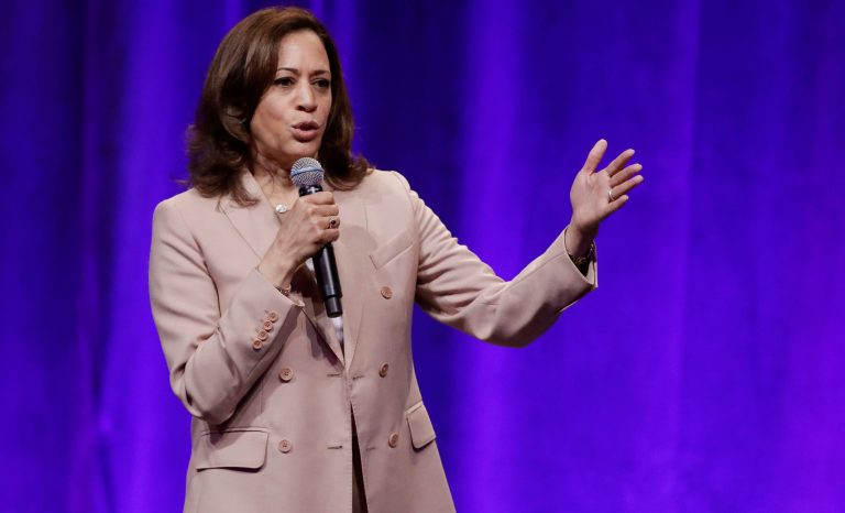In this July 26, 2019 photo, Democratic presidential candidate, Sen. Kamala Harris, D-Calif., speaks during the National Urban League Conference in Indianapolis.