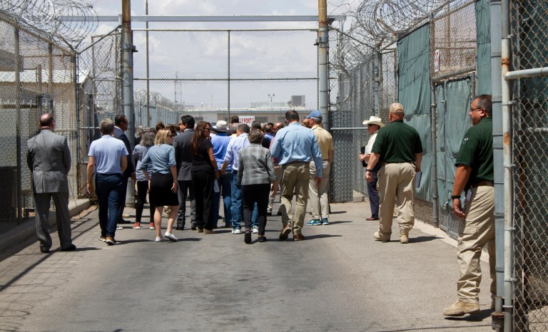 A delegation of House Democrats led by Rep. Veronica Escobar, center in black, enter the El Paso Processing Center for a tour by U.S. Immigration and Customs Enforcement in El Paso, Texas, Friday, Aug. 2, 2019. 