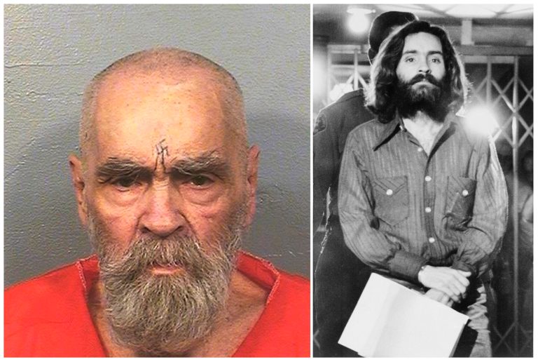 This combination of file photos shows Charles Manson on Aug. 14, 2017, left, in a photo provided by the California Department of Corrections and Rehabilitation, and on Dec. 22, 1969, right, leaving a Los Angeles courtroom. Fifty years ago, Manson dispatched a group of disaffected young hippie followers on a two-night killing spree that terrorized Los Angeles. Manson died in prison on Nov. 19, 2017. 