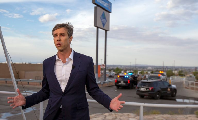Presidential candidate and former congressman Beto O'Rourke speaks with the media outside the Walmart store in the aftermath of a mass shooting in El Paso, Texas, Sunday, Aug. 4, 2019. 