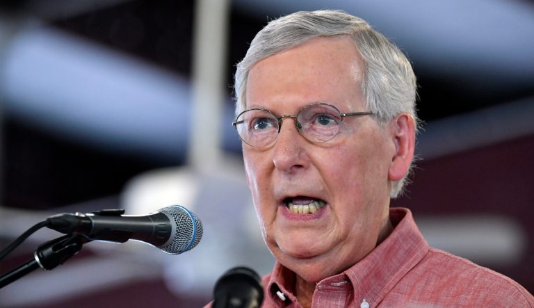 Senate Majority Leader Mitch McConnell, R-Ky., addresses the audience gathered at the Fancy Farm Picnic in Fancy Farm, Ky., Saturday, Aug. 3, 2019. 