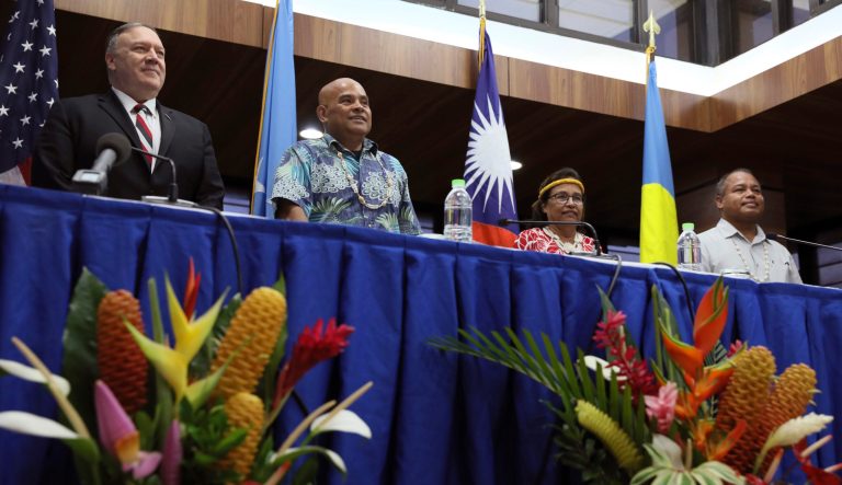 U.S. Secretary of State Mike Pompeo, left, Federated States of Micronesia President David Panuelo, second from left, Marshall Islands President Hilda Heine, third from left, and Palau's Vice President Raynold Oilouch hold a news conference after their meetings in Kolonia, Federated States of Micronesia Monday, Aug. 5, 2019. 