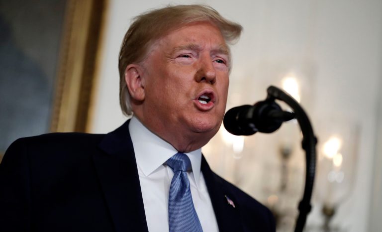 President Donald Trump speaks about the mass shootings in El Paso, Texas and Dayton, Ohio, in the Diplomatic Reception Room of the White House, Monday, Aug. 5, 2019, in Washington. 