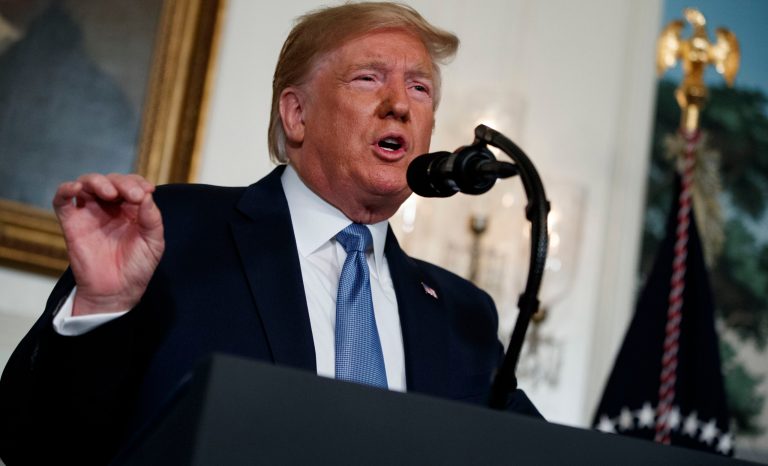 President Donald Trump speaks about the mass shootings in El Paso, Texas and Dayton, Ohio, in the Diplomatic Reception Room of the White House, Monday, Aug. 5, 2019, in Washington. 