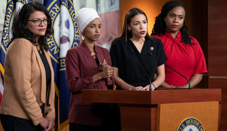 In this July 15, 2019 photo, from left, Rep. Rashida Tlaib, D-Mich., Rep. Ilhan Omar, D-Minn., Rep. Alexandria Ocasio-Cortez, D-N.Y., and Rep. Ayanna Pressley, D-Mass., during a news conference at the Capitol in Washington.