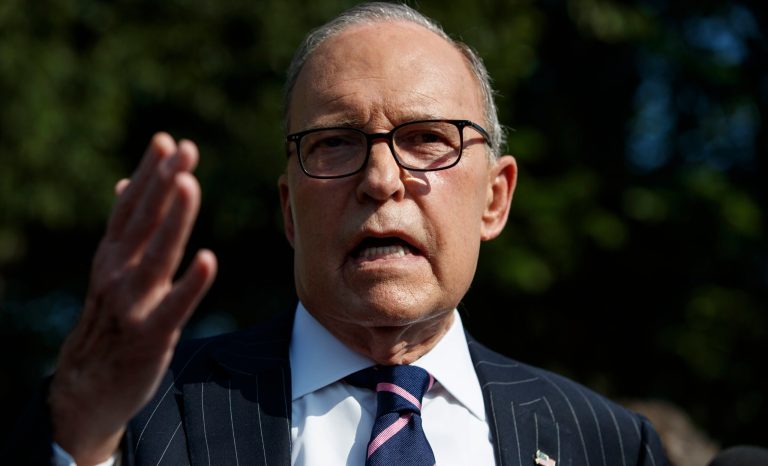 White House chief economic adviser Larry Kudlow talks with reporters outside the White House, Tuesday, Aug. 6, 2019, in Washington. 