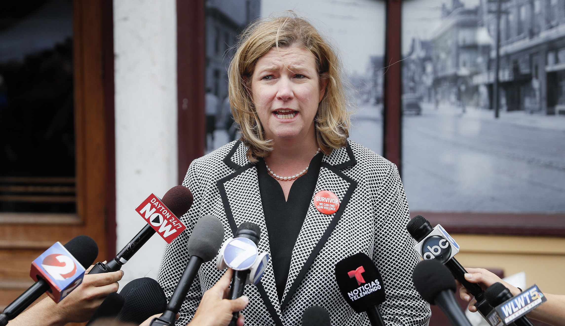 Dayton, Ohio, Mayor Nan Whaley speaks to members of the media.