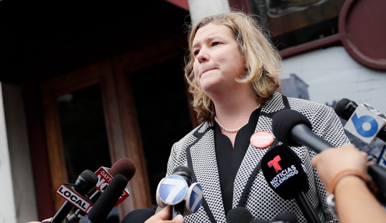 Dayton, Ohio, Mayor Nan Whaley speaks to members of the media.
