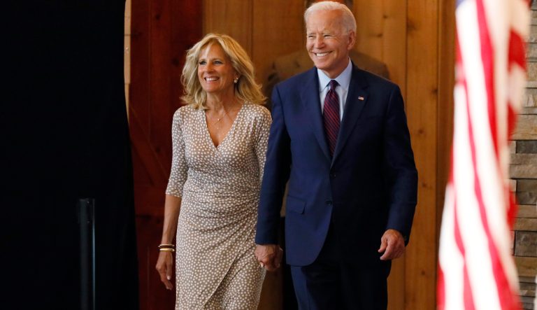 Democratic presidential candidate former Vice President Joe Biden arrives with his wife Jill to speak at a community event, Wednesday, Aug. 7, 2019, in Burlington, Iowa. 