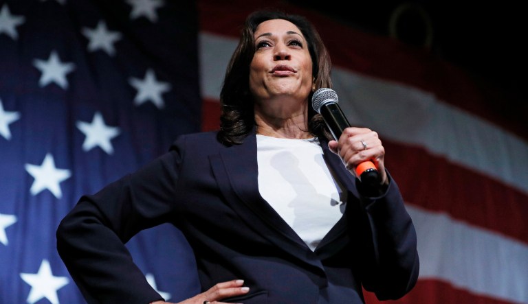 Democratic presidential candidate Sen. Kamala Harris, D-California, speaks.