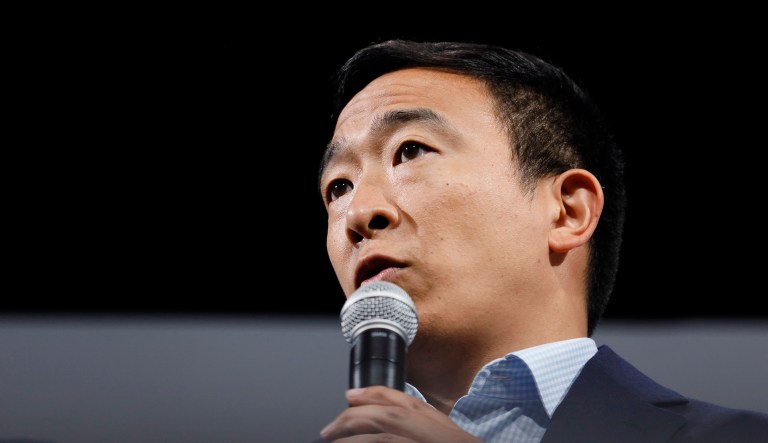 Democratic presidential candidate entrepreneur Andrew Yang speaks.