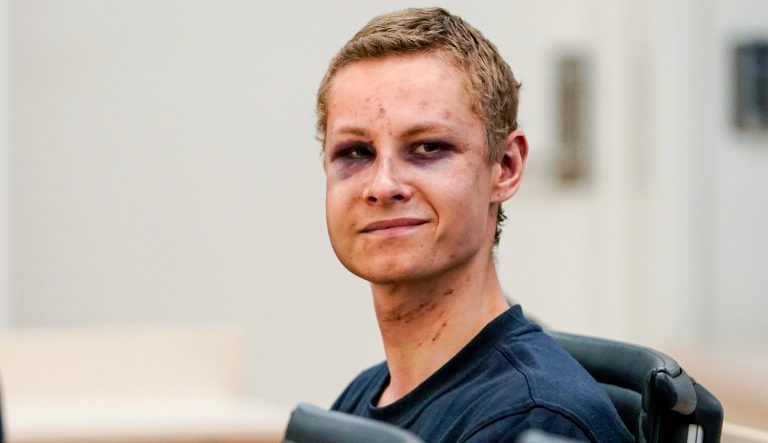 Suspected gunman Philip Manshaus appears in court, in Oslo, Norway, Monday, Aug. 12, 2019. 