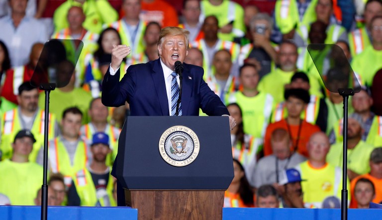 President Trump speaks before taking a tour of the Pennsylvania Shell ethylene cracker plant on Tuesday, Aug. 13, 2019, in Monaca, Pennsylvania.