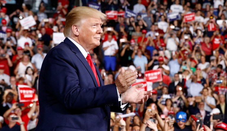President Trump appears at a campaign rally.