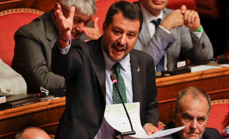 Italian Deputy-Premier Matteo Salvini speaks at the Senate in Rome, Tuesday, Aug. 20, 2019. 