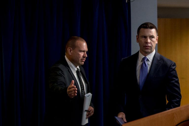 Acting Homeland Security Secretary Kevin McAleenan arrives to speak about upcoming changes to the Flores ruling at a news conference at the Reagan Building in Washington, Wednesday, Aug. 21, 2019. (AP Photo/Andrew Harnik)