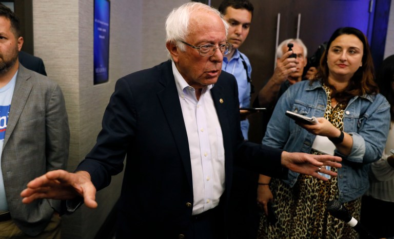 Democratic presidential candidate Sen. Bernie Sanders, I-Vt., speaks to reporters at the Iowa Federation of Labor convention, Wednesday, Aug. 21, 2019, in Altoona, Iowa. 