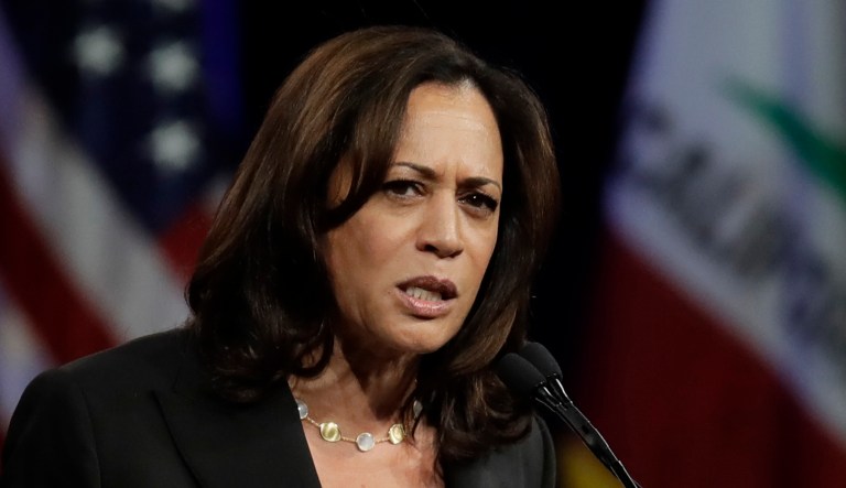 Democratic presidential candidate Sen. Kamala Harris, D-California, speaks.