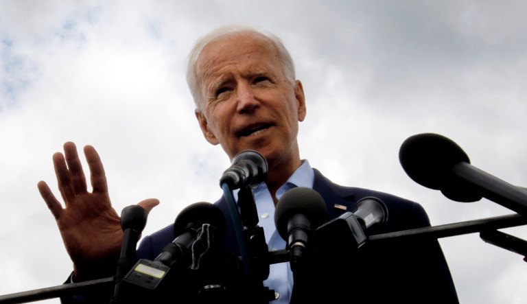 Democratic presidential candidate former Vice President Joe Biden speaks to reporters after a campaign stop at Lindy's Diner in Keene, N.H.