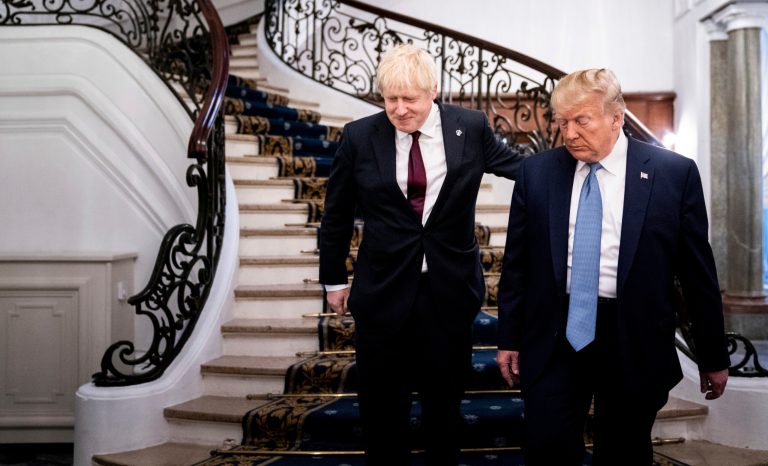 President Donald Trump and Britain's Prime Minister Boris Johnson, left, arrive to speak to the media before a working breakfast meeting at the Hotel du Palais on the sidelines of the G-7 summit in Biarritz, France, Sunday, Aug. 25, 2019. 