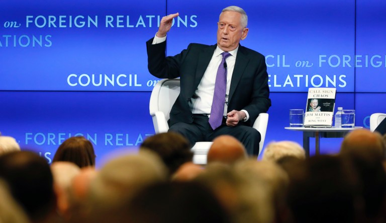 Former U.S. Secretary of Defense  Jim Mattis speaks at the Council on Foreign Relations, in New York, Tuesday, Sept. 3, 2019.