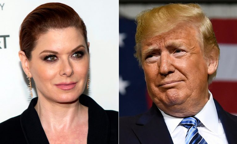 This combination photo shows Debra Messing, left, and Donald Trump, right.