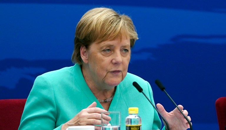 Chancellor of Germany Angela Merkel gives a speech.