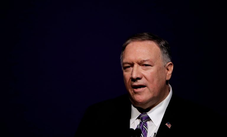 Secretary of State Mike Pompeo gives a speech at the London Lecture series at Kansas State University Friday, Sept. 6, 2019, in Manhattan, Kan. 