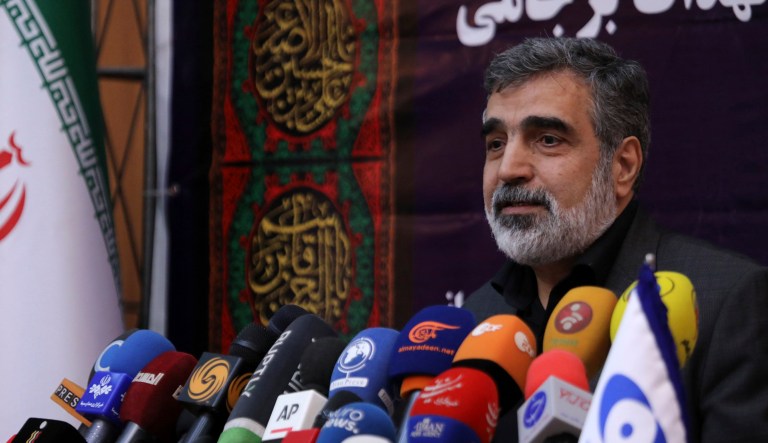 In this photo released by the Atomic Energy Organization of Iran, spokesman of the organization Behrouz Kamalvandi speaks in a news briefing in Tehran, Iran, Saturday.